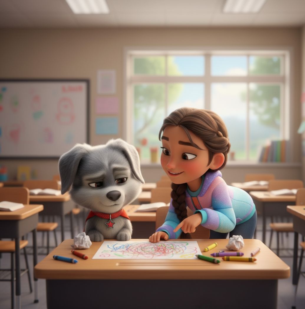 Focused Silver page: Marianna tells Silver that at school his mission is to look at the teacher, listen and do what she says right away