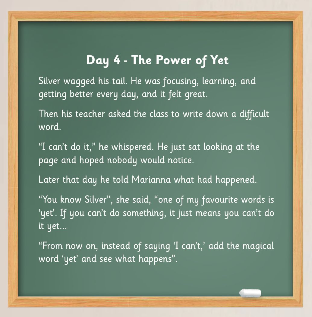 Focused Silver page: Day 4, The Power of Yet: Silver says I cannot do it and Marianna introduces the word yet