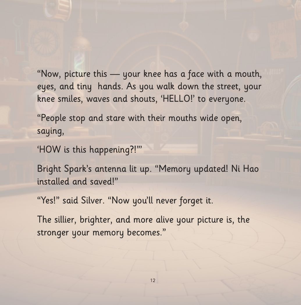 Silver and the Forgetful Robot page: Ni Hao: a knee with a face waving and shouting hello to everyone