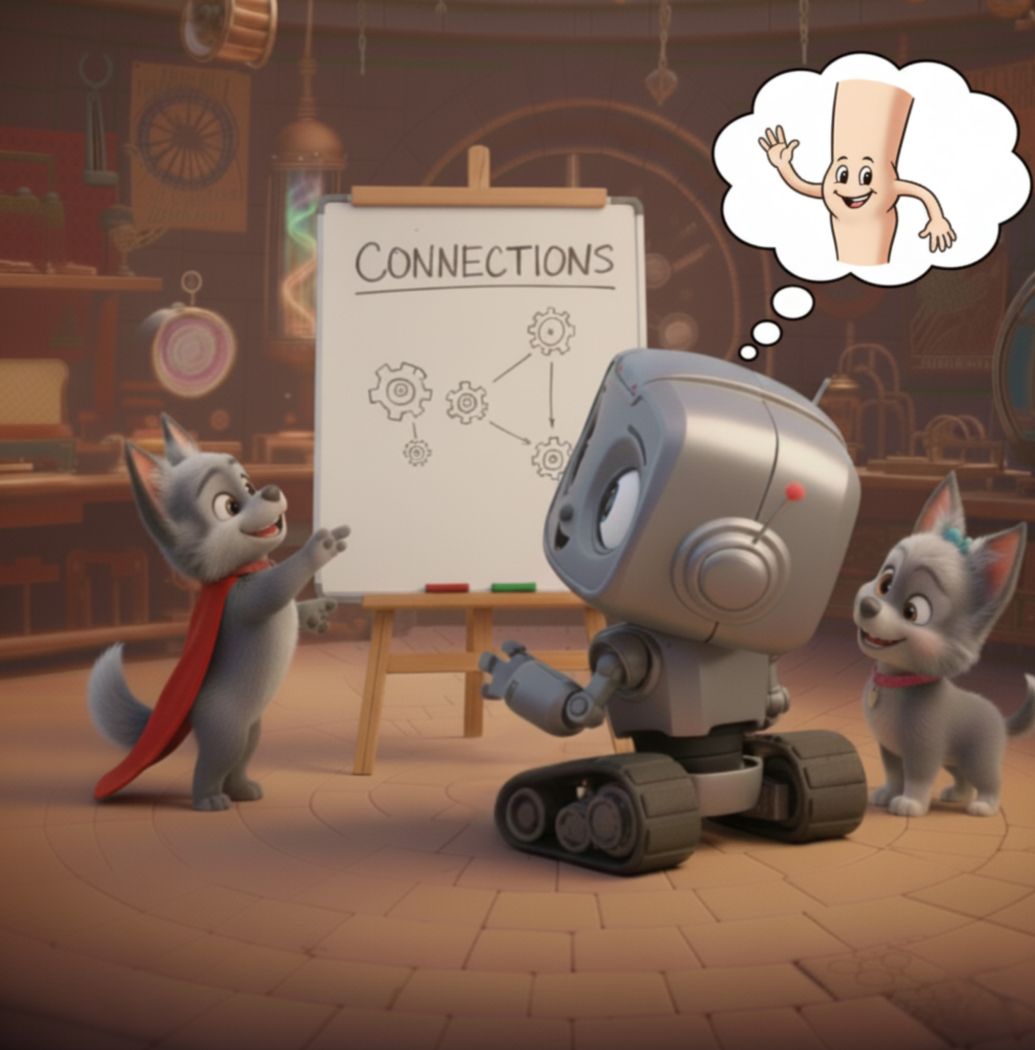 Silver and the Forgetful Robot page: Ni Hao: a knee with a face waving and shouting hello to everyone
