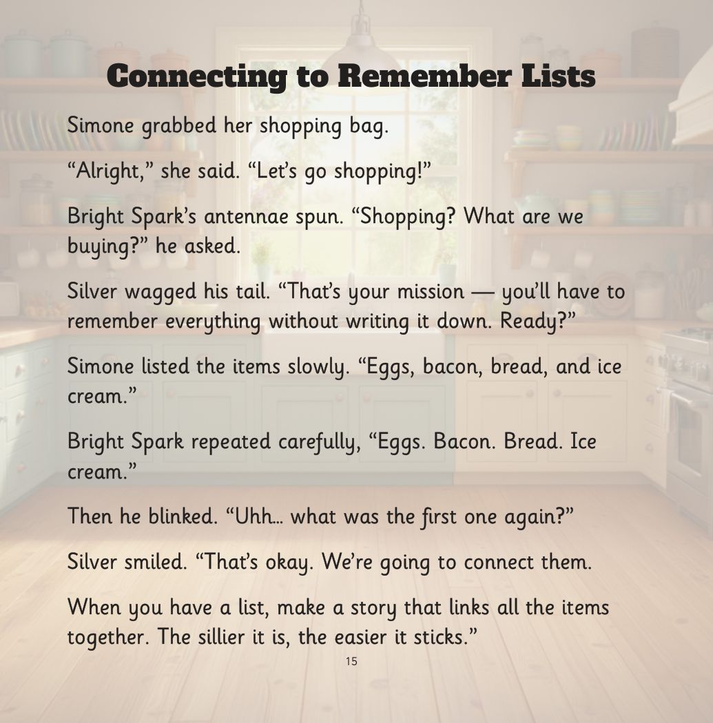 Silver and the Forgetful Robot page: Simone reads out a shopping list and Bright Spark forgets the first item