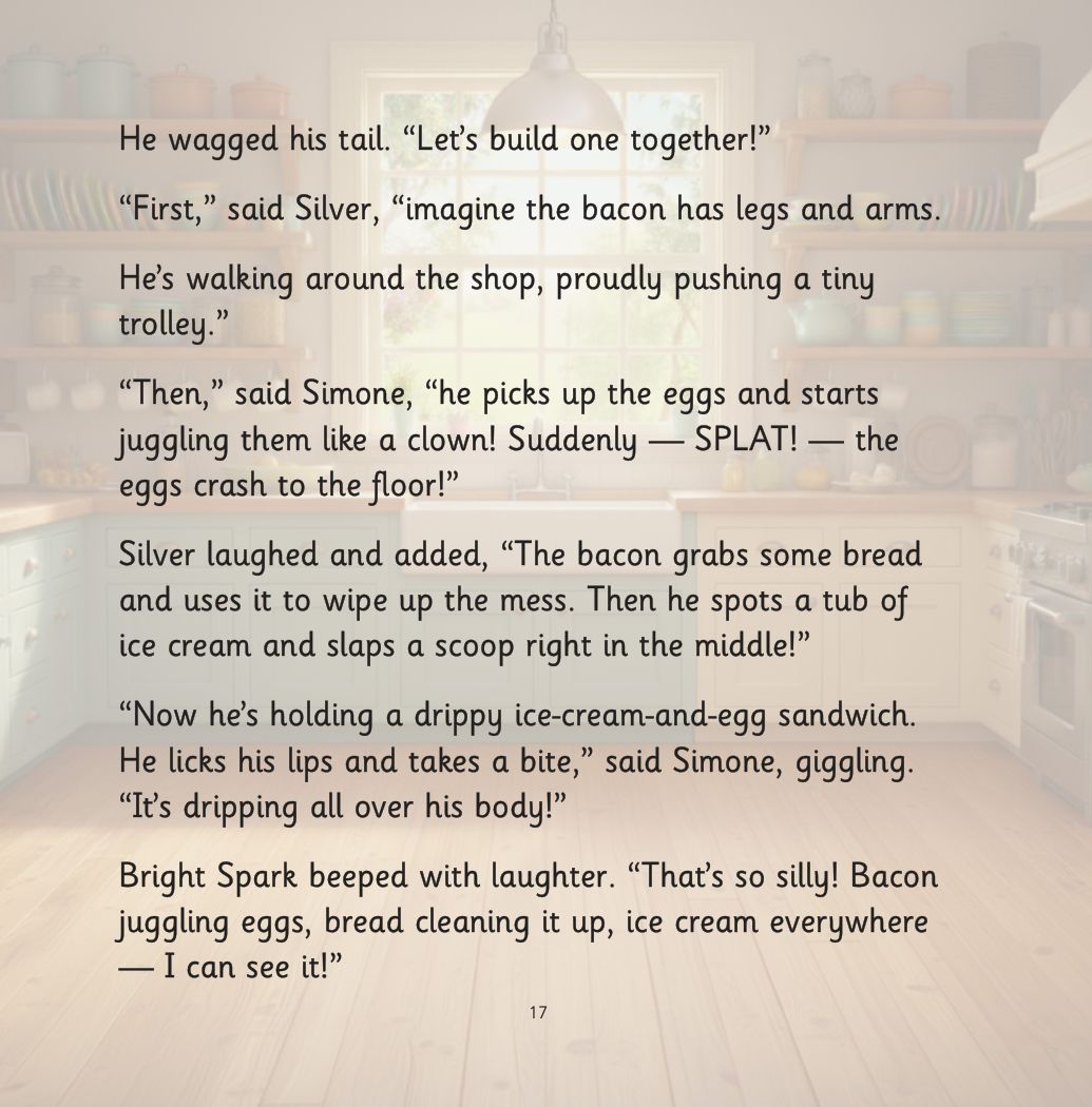 Silver and the Forgetful Robot page: Bacon juggling eggs, bread wiping up the mess and a drippy ice-cream sandwich