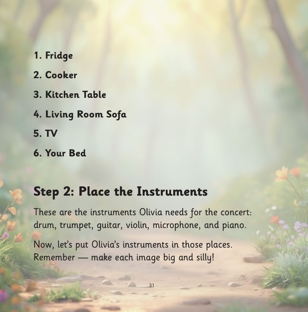 Silver and the Forgetful Robot page: Build your memory palace with six places in your house, then a drum in the fridge, a trumpet at the cooker and a guitar on the table