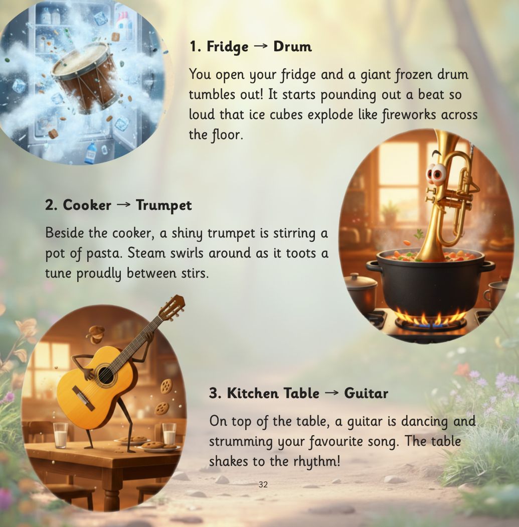 Silver and the Forgetful Robot page: Build your memory palace with six places in your house, then a drum in the fridge, a trumpet at the cooker and a guitar on the table