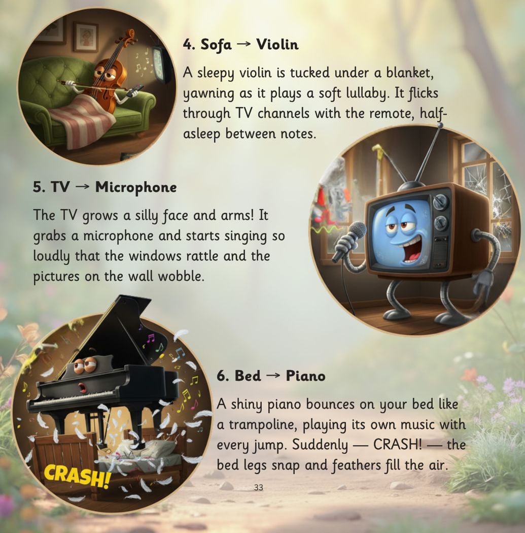Silver and the Forgetful Robot page: A violin on the sofa, a singing TV and a piano bouncing on the bed, then recall the mission