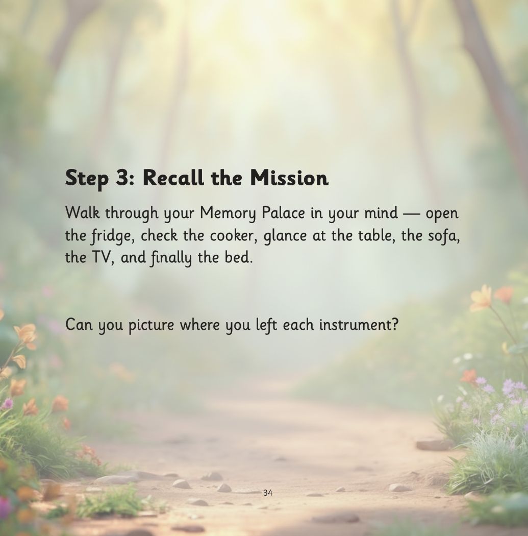 Silver and the Forgetful Robot page: A violin on the sofa, a singing TV and a piano bouncing on the bed, then recall the mission