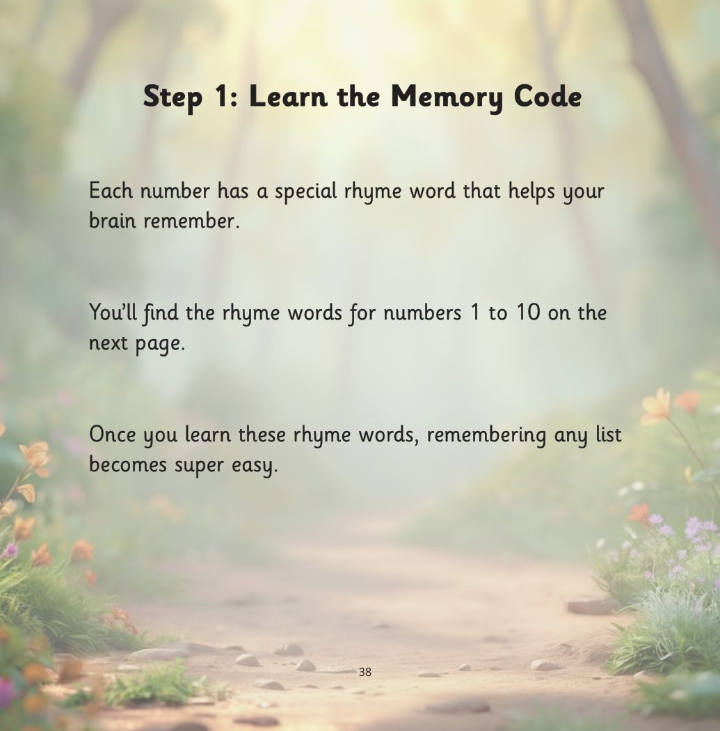 Silver and the Forgetful Robot page: The Number Rhyme Method: bun, shoe, tree, door, hive, sticks, heaven, gate, lion, hen