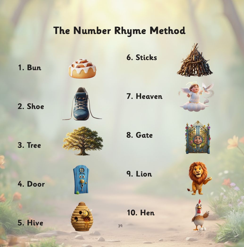 Silver and the Forgetful Robot page: The Number Rhyme Method: bun, shoe, tree, door, hive, sticks, heaven, gate, lion, hen