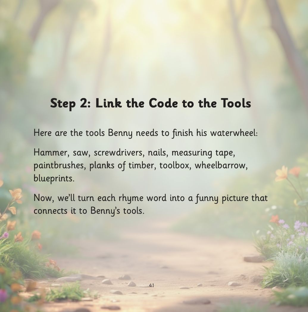 Silver and the Forgetful Robot page: Linking Benny the beaver's tools to the rhyme words: a hammer smashing a bun, a saw cutting a shoe
