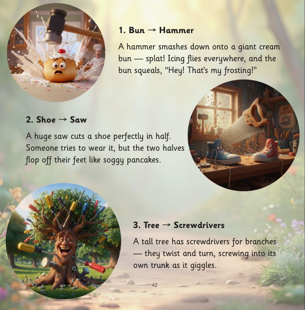 Silver and the Forgetful Robot page: Linking Benny the beaver's tools to the rhyme words: a hammer smashing a bun, a saw cutting a shoe
