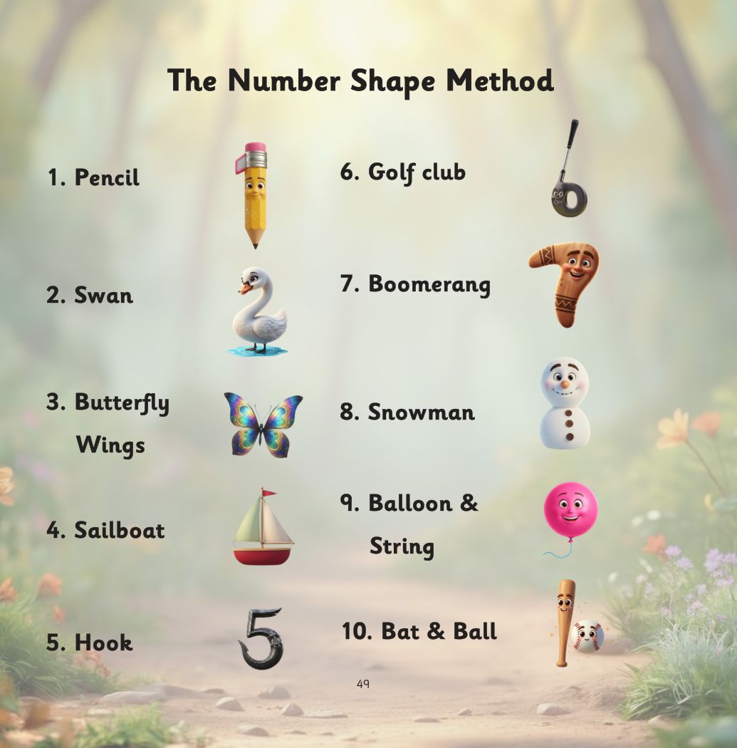 Silver and the Forgetful Robot page: The Number Shape Method: pencil, swan, butterfly wings, sailboat, hook and more