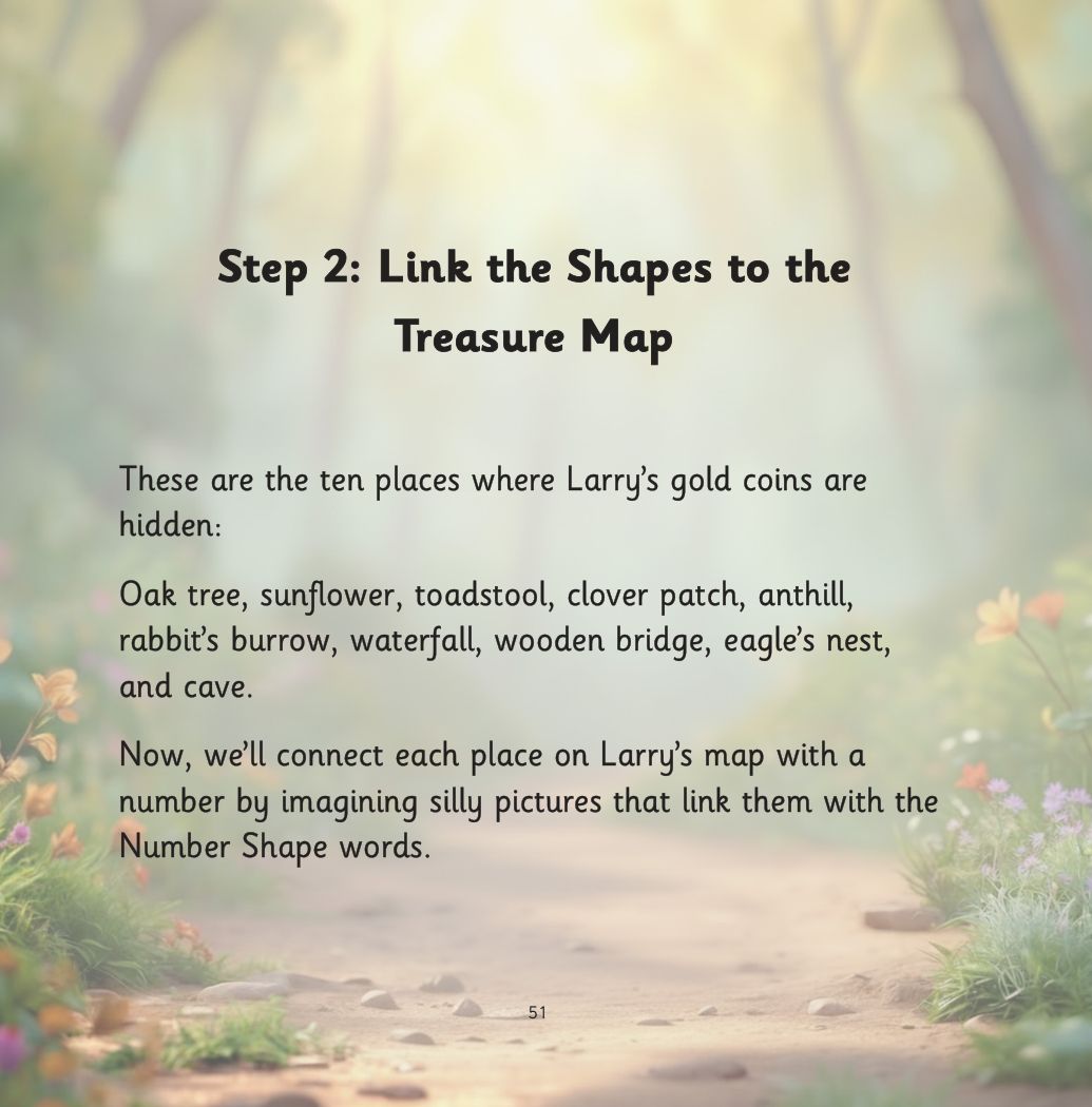 Silver and the Forgetful Robot page: Linking the shapes to Larry the leprechaun's treasure map: pencils dangling from an oak tree