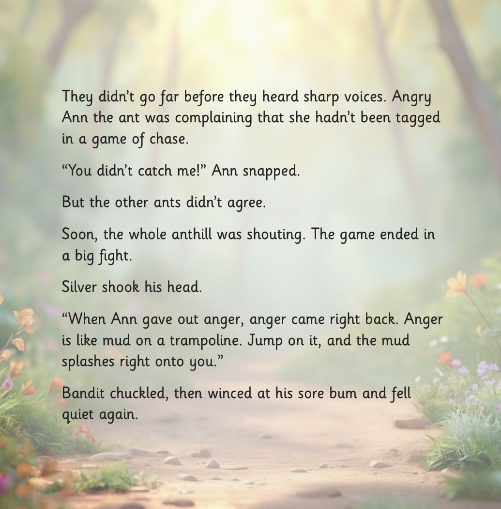 Sharing Silver page: Angry Ann the ant starts a fight, and Silver says anger is like mud on a trampoline