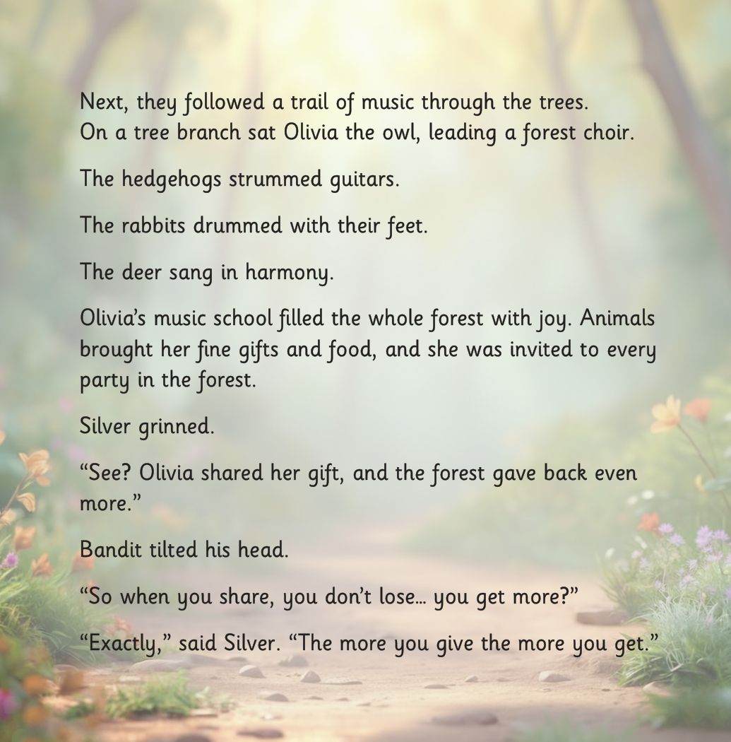 Sharing Silver page: Olivia the owl's forest choir, where Bandit learns that sharing brings back more