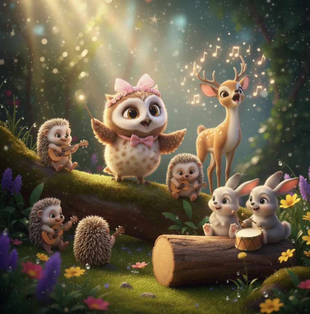 Sharing Silver page: Olivia the owl's forest choir, where Bandit learns that sharing brings back more
