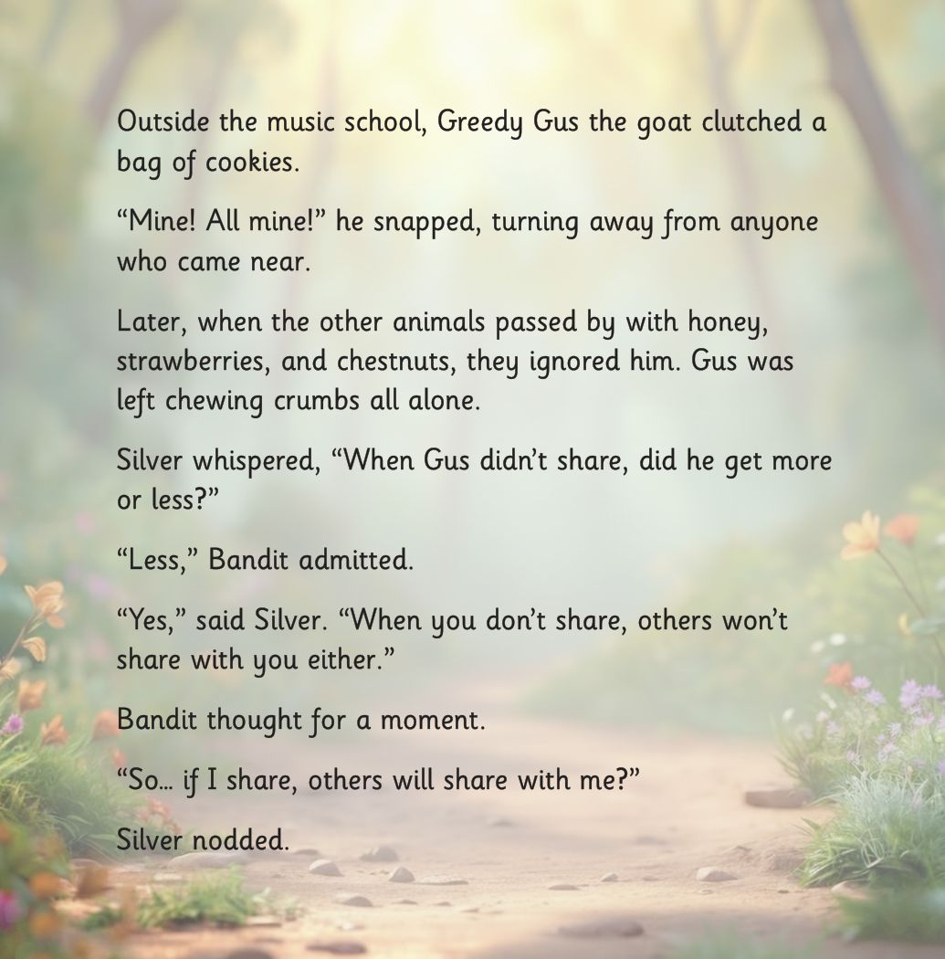 Sharing Silver page: Greedy Gus the goat shouts mine, all mine and ends up alone