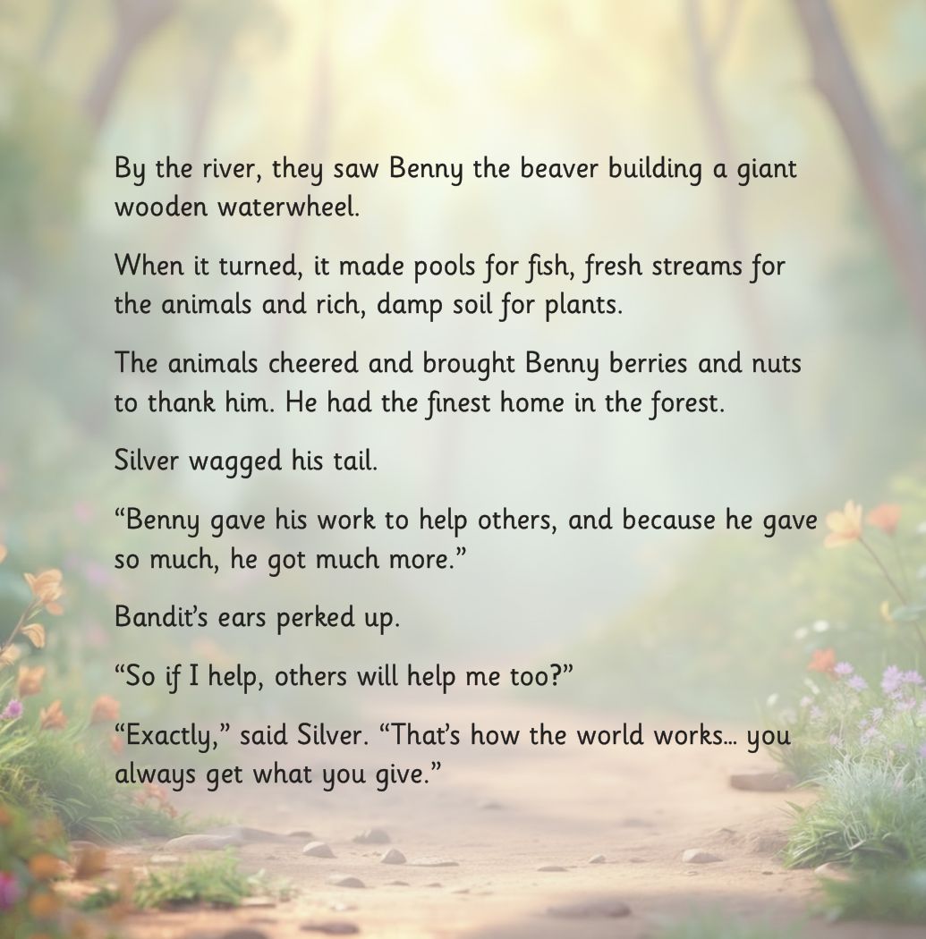 Sharing Silver page: Benny the beaver's waterwheel helps the whole forest, and the animals thank him