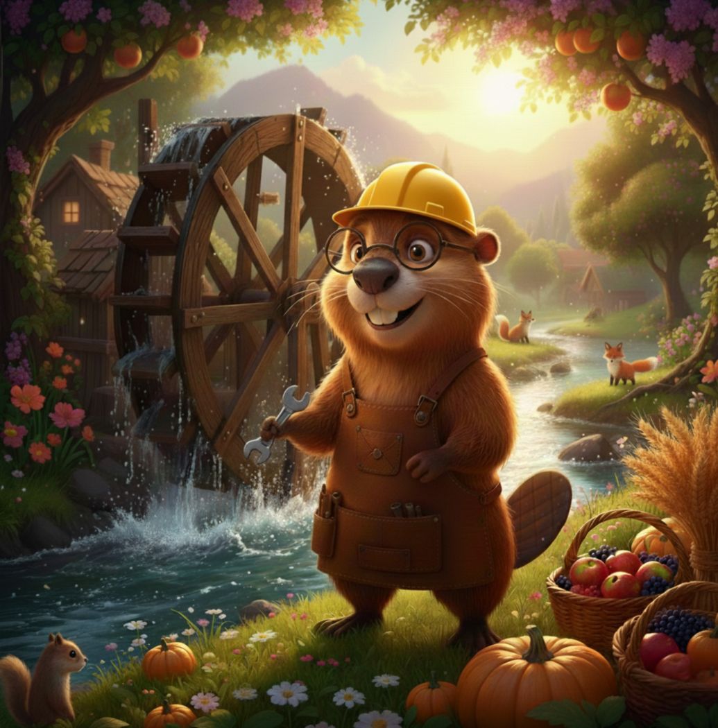 Sharing Silver page: Benny the beaver's waterwheel helps the whole forest, and the animals thank him