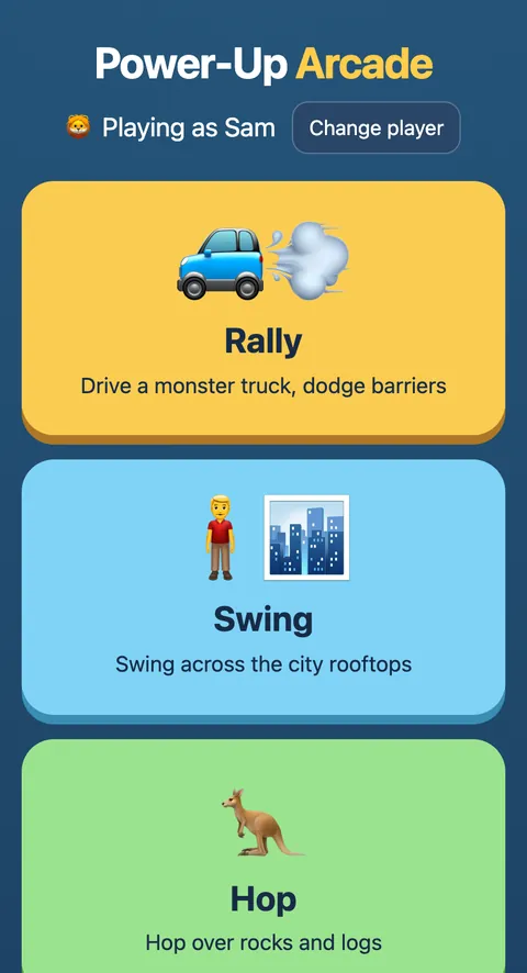 The Power-Up Arcade game menu with Rally, Swing and Hop