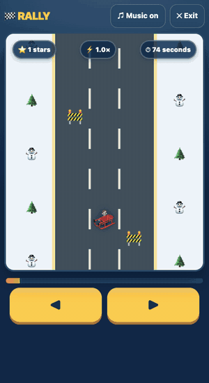 Rally game: a truck races down a snowy road, a math question appears, the right answer is tapped and the race carries on