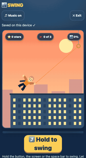 Swing game: a hero swings between city rooftops, a number question appears, the right answer is tapped and the game carries on
