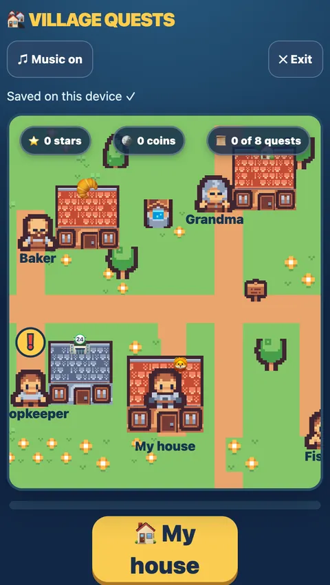 Village Quests: a pixel-art village with a baker, a grandma and a shopkeeper to help