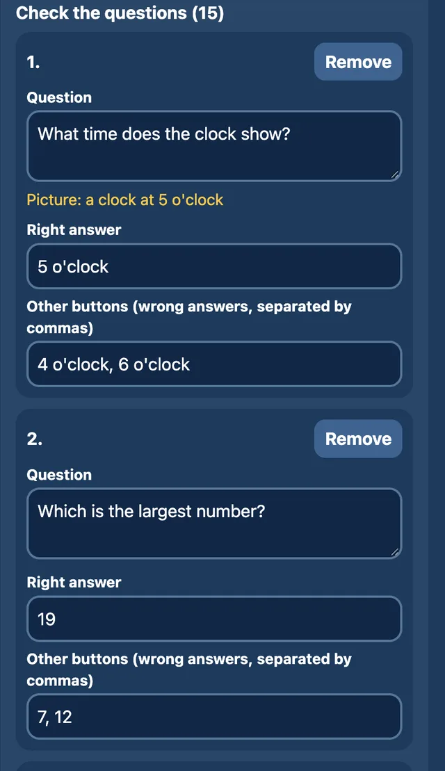 Check the questions (15): each question shows its wording, picture, right answer and wrong-answer buttons, with a Remove button