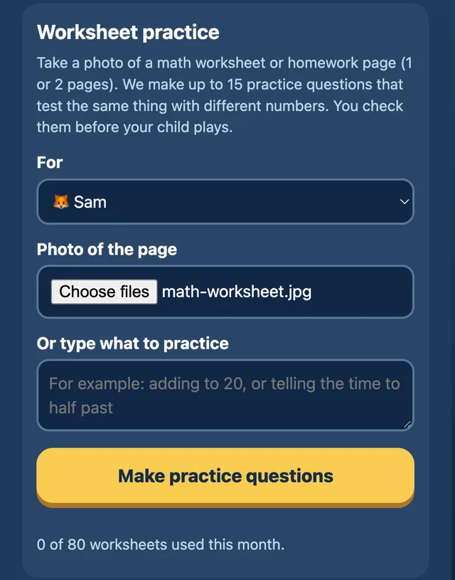 Worksheet practice screen: choose the child, add a photo of the page or type what to practice, then tap Make practice questions